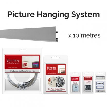 Picture Hanging Systems - 10 metres of silver track, 10 stainless steel droppers, 10 push button hooks, wall anchors, end caps and HangRight Clips