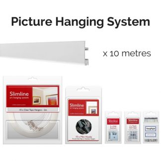 Picture Hanging Systems - 10 metres of white track, 10 clear tape droppers, 10 hooks, wall anchors, end caps and HangRight Clips