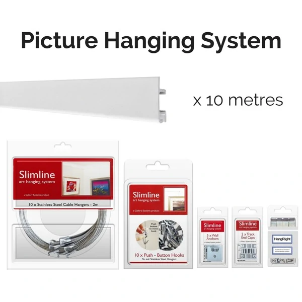 10m White Track, 10 SS Droppers, 10 PB Hooks - Picture Hanging System -  Shakespeare Solutions™