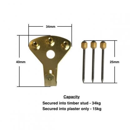Euro Style Brass Picture Hook 3 pin with measurements