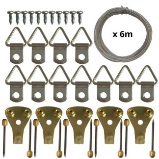 Picture hanging kit with brass hooks