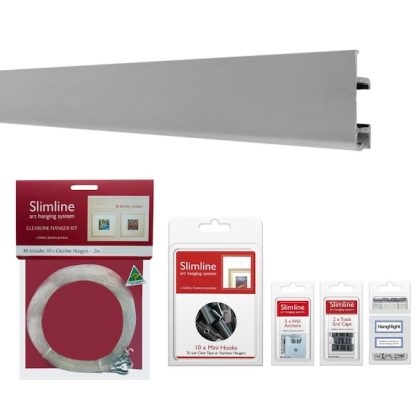 Picture hanging system starter bundle silver track with Clear Line Droppers and mini Hooks