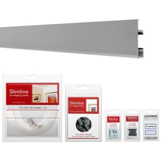 Picture hanging system starter bundle silver track with Clear Tape Droppers and Mini Hooks