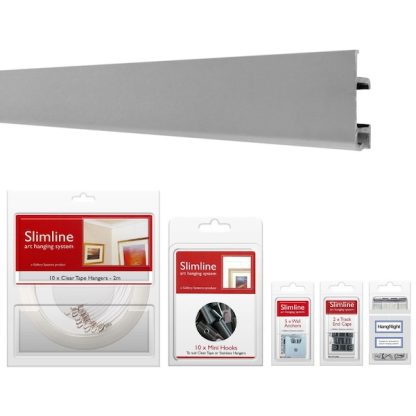 Picture hanging system starter bundle silver track with Clear Tape Droppers and Mini Hooks