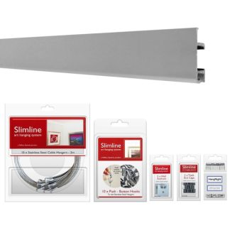 Picture hanging system starter bundle silver track with Stainless Steel Droppers and Push Button Hooks