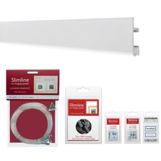 Picture hanging system starter bundle white track with Clear Line Droppers and mini Hooks