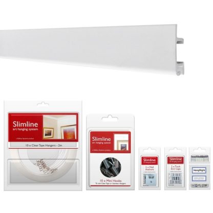 Picture hanging system starter bundle white track with Clear Tape Droppers and Mini Hooks