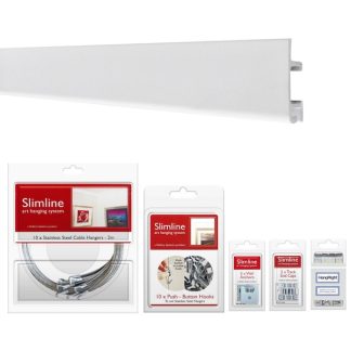 Picture hanging system starter bundle white track with Stainless Steel Droppers and Push Button Hooks