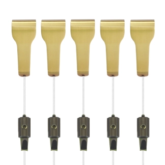 5 brass picture rail hangers with clear line cords and mini hooks