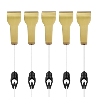 5 brass picture rail hangers with clear line cords and push button hooks
