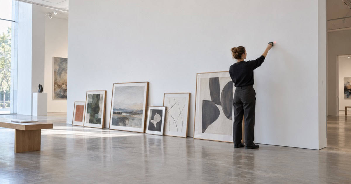 A gallery installer measuring a white wall above framed artwork ready to hang