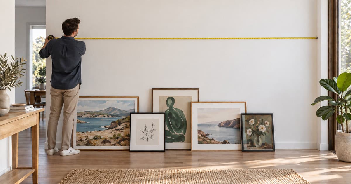 A person measuring a wall above framed artwork ready to hang