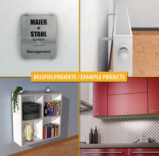 Example uses for TOX Deco wall plugs including signs, radiators, shelves and cabinets