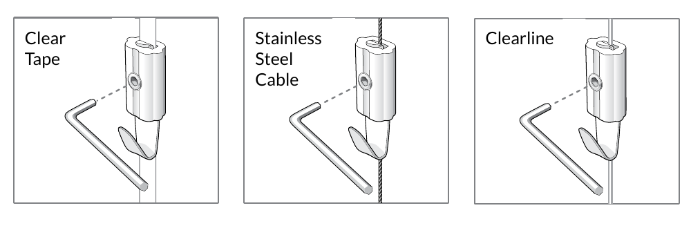 Gallery Systems diagrams showing Allen Key Hooks fitted to Clear Tape, stainless-steel cable and Clearline hangers