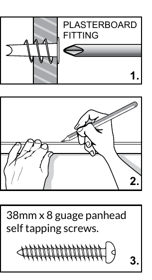 Gallery Systems diagrams showing a plasterboard fitting, marking the wall with the track and the recommended 8-gauge screw