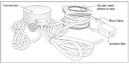 Manufacturer diagram identifying the Maxi transformer, adhesive tape, power cable and junction box