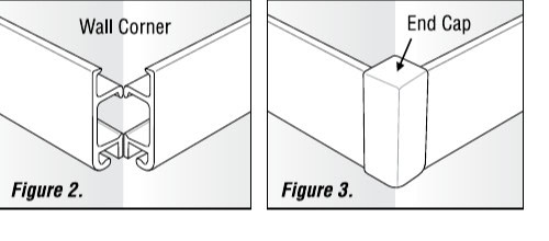 Gallery Systems diagrams of Slimline track meeting at an outside corner before and after fitting the end cap