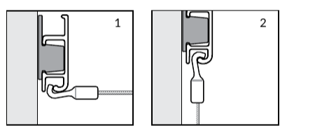 Gallery Systems two-step diagram showing a Slimline hanger inserted horizontally and rotated down into the track